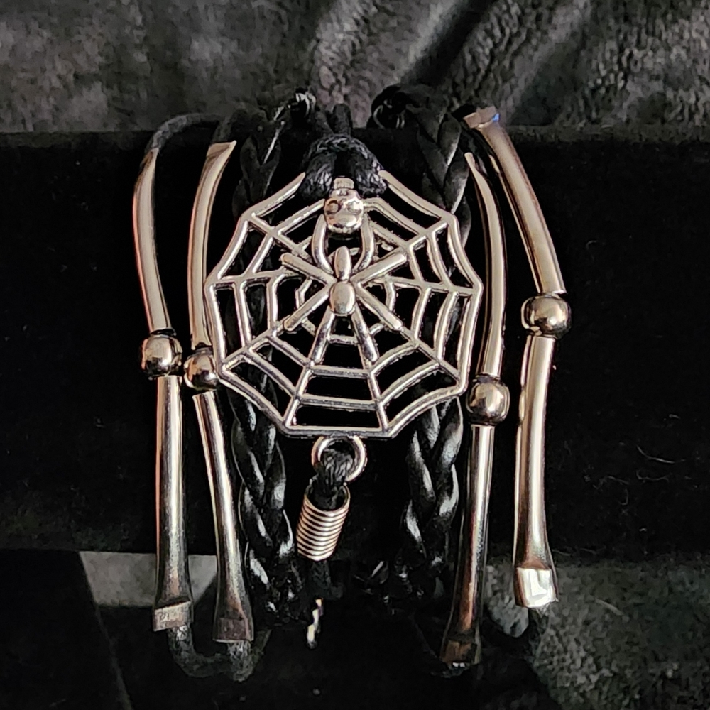 Spiderweb Layered Faux Leather Silver Spider Web Beads Black Adjustable Bracelet - Picture 4 of 6